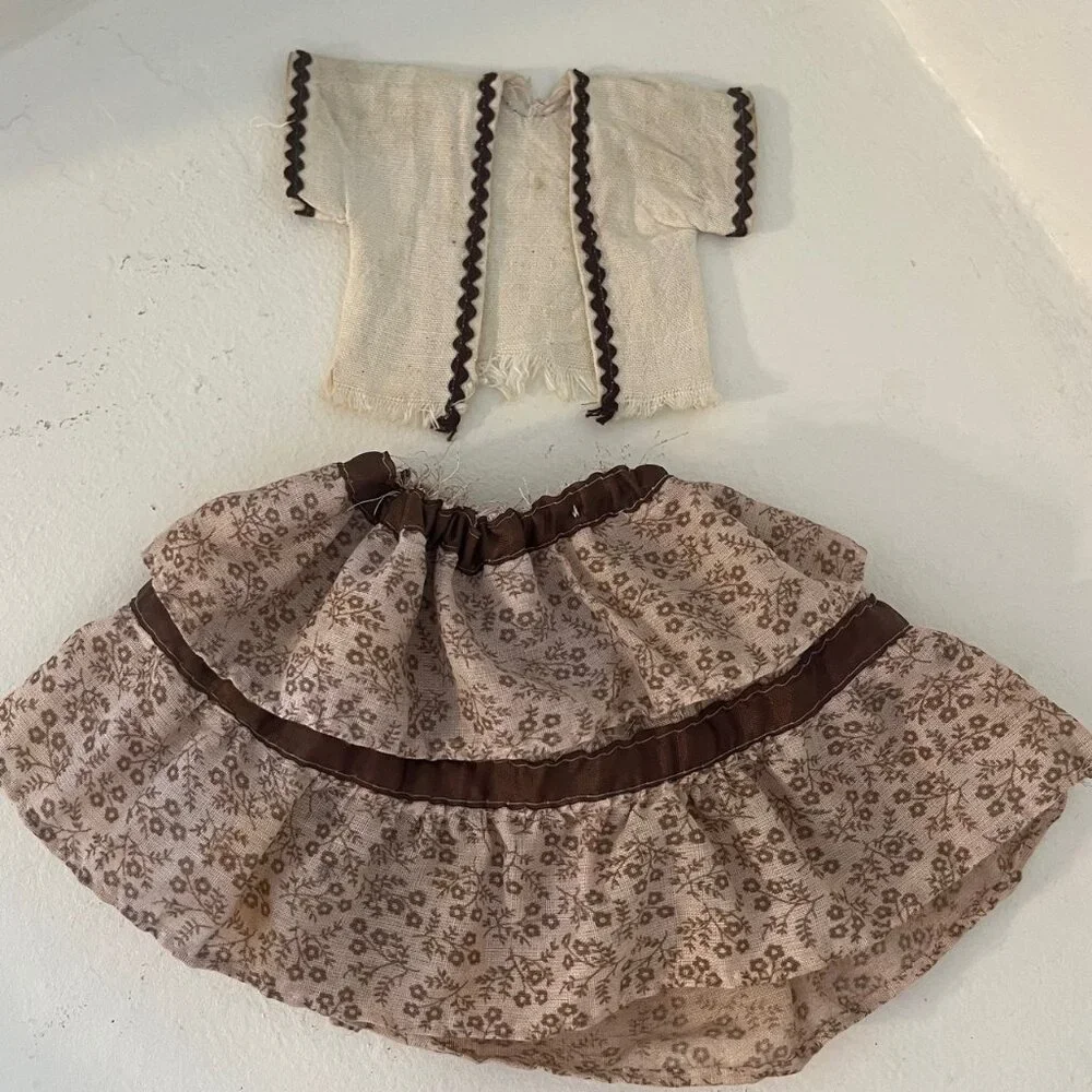 Vintage Doll Outfit Skirt & Jacket Vest & Farmer Hat w/ Flowers Beige & Brown - Picture 7 of 11